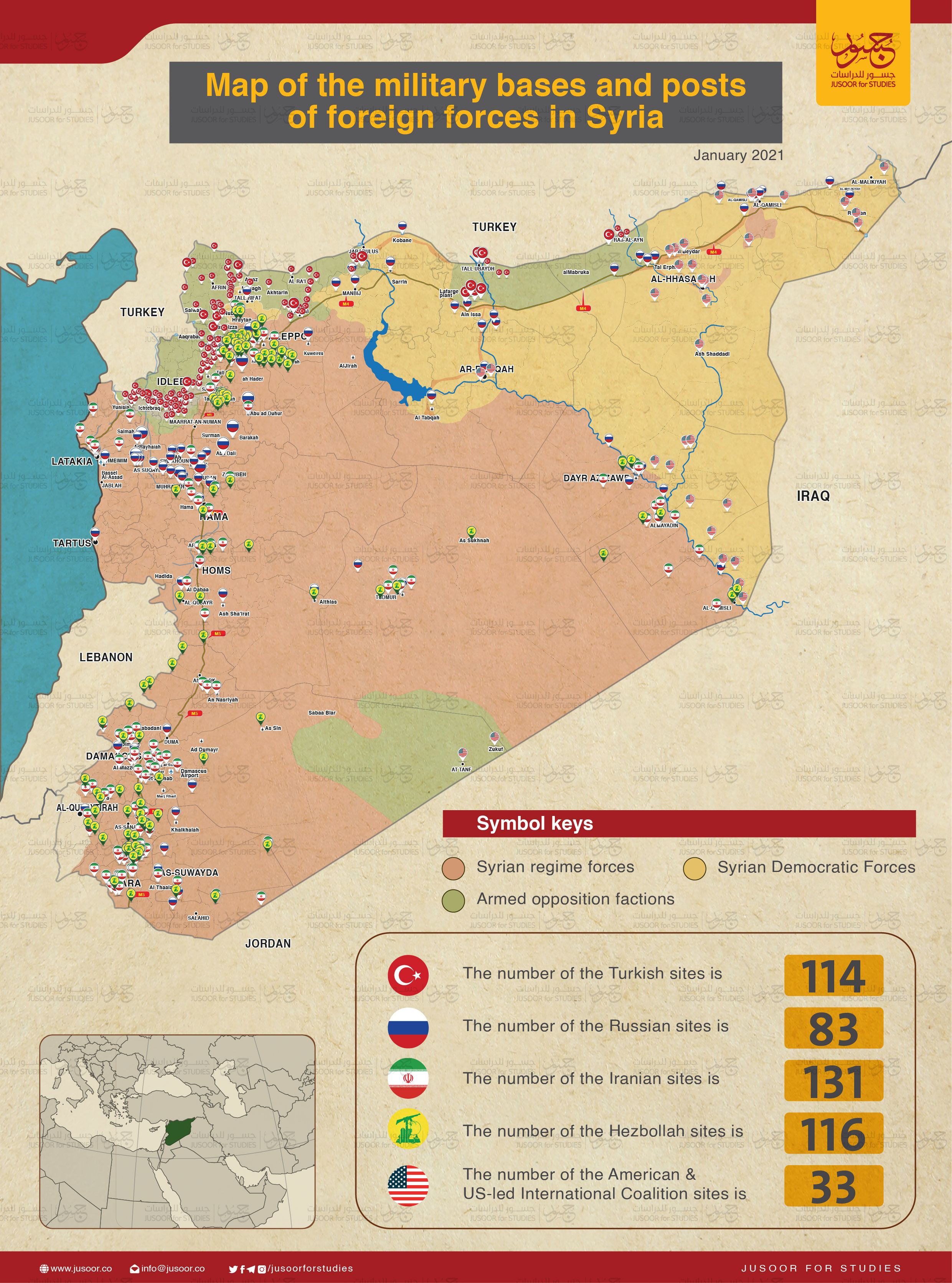 Map of the military bases and posts of foreign forces in Syria